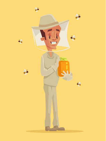 Imker in speziellen Anzügen halten Glas mit Honig. Vektor flache Cartoon-Illustration — Stockvektor