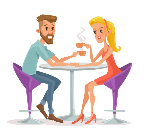 Um casal sentado no café e a beber café. Ilustração de desenho animado plano vetorial —  Vetores de Stock