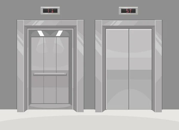 Открытый и закрытый металлический лифт административного здания. Векторная плоская иллюстрация — стоковый вектор