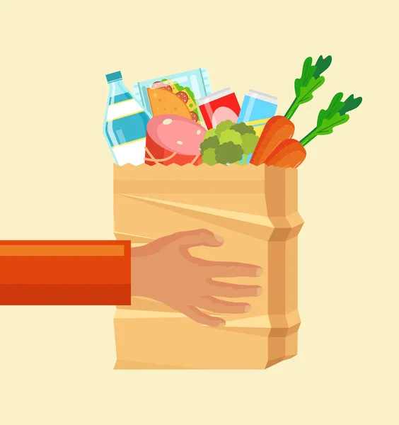 Kağıt torba gıda ile elele tutuşun. Vektör düz çizgi film illüstrasyon — Stok Vektör