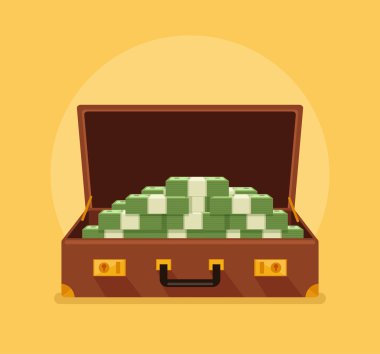 Açık bavul dolusu para. Vektör düz çizgi film illüstrasyon