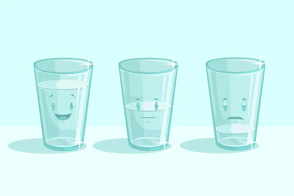 Bicchieri trasparenti d'acqua con emozioni diverse. illustrazione del fumetto piatto vettoriale — Vettoriale Stock