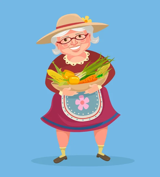 Nenek petani memegang keranjang dengan sayuran. Ilustrasi kartun datar vektor - Stok Vektor