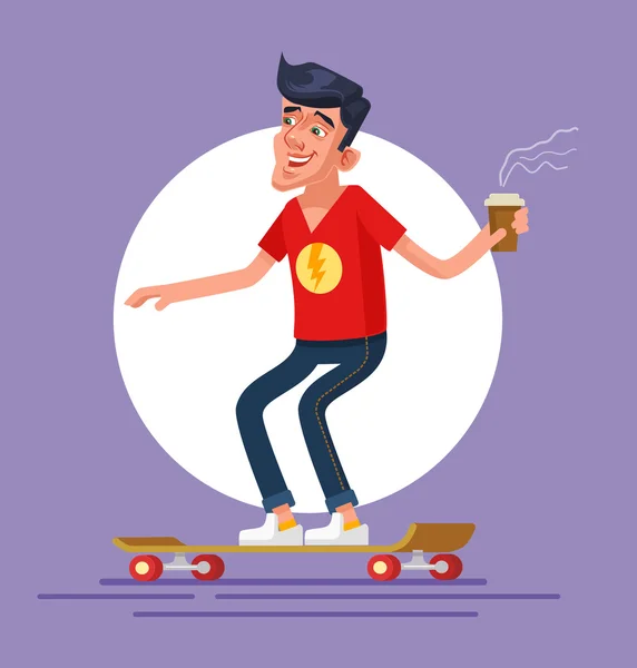 Coole Männerfigur mit Kaffee zum Mitnehmen auf dem Skateboard. Vektor flache Cartoon-Illustration — Stockvektor