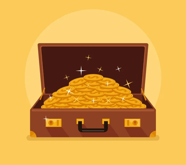 Valise ouverte avec des pièces d'or. Illustration vectorielle de dessin animé plat — Image vectorielle