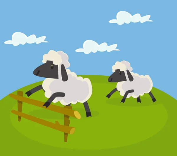 Sheep jumping over fence. Vector flat cartoon illustration — Stock Vector