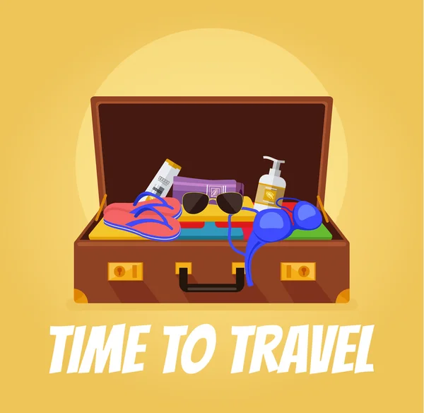 Time to travel banner. Open suitcase with tourist stuff. Vector flat cartoon illustration — Stock Vector