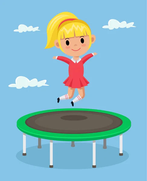 Niña saltando en el trampolín. Vector plano ilustración de dibujos animados — Archivo Imágenes Vectoriales