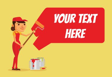 Kız ressam duvar boyar. Metin yer. Vektör düz çizgi film illüstrasyon