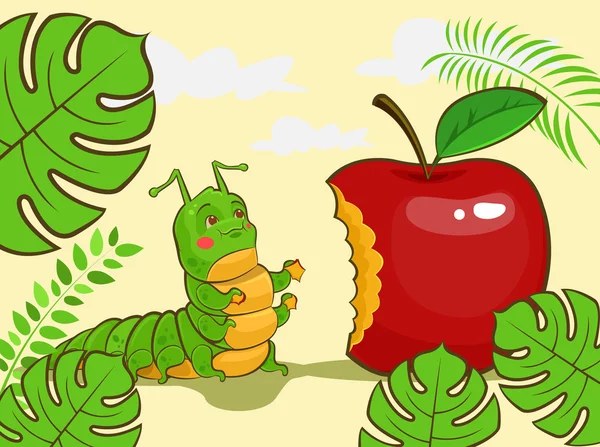 Carácter de oruga comiendo manzana roja. Dibujos animados vectoriales ilustración — Vector de stock