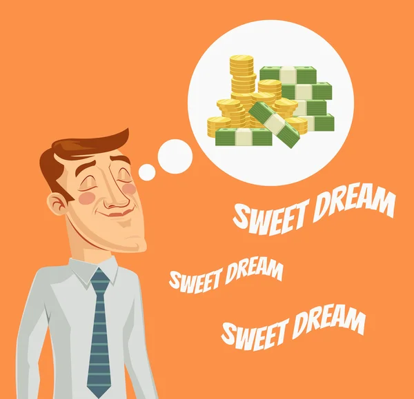 Hombre personaje soñando con el dinero. Vector plano ilustración de dibujos animados — Vector de stock