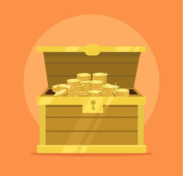 Cofre del tesoro lleno de monedas de oro icono. Vector plano ilustración de dibujos animados — Vector de stock