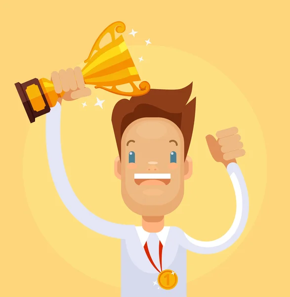 Персонаж переможця бізнесмена тримає золоту чашку. Векторна плоска мультяшна ілюстрація — стоковий вектор