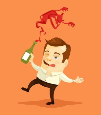 Drunk man character attacked by demon. Vector flat cartoon illustration clipart