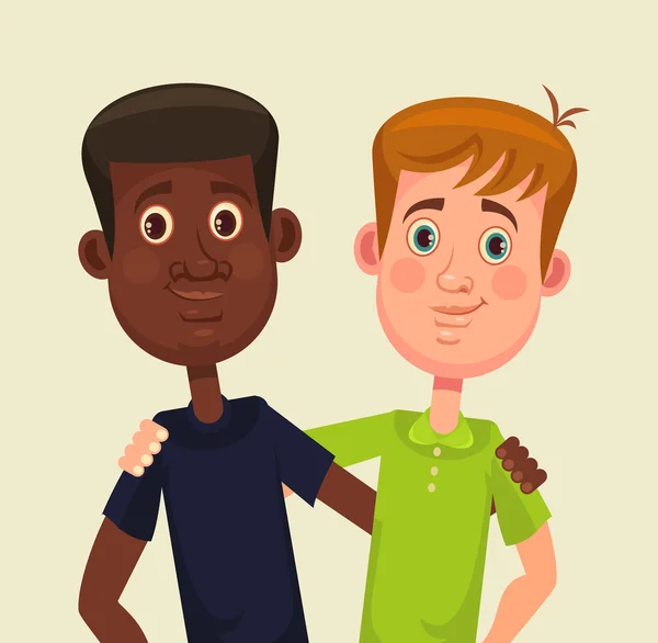 Amigos internacionales. Hombres blancos y negros. Vector plano ilustración de dibujos animados — Vector de stock