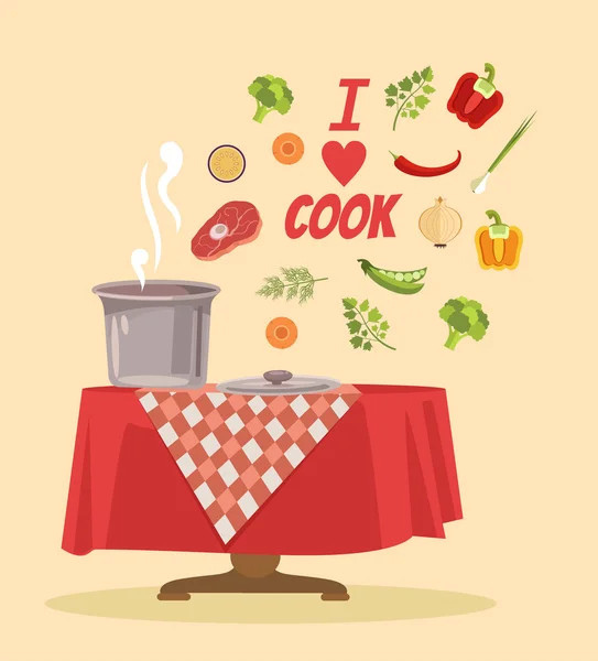Adoro cucinare. banner illustrazione cartone animato piatto vettoriale — Vettoriale Stock