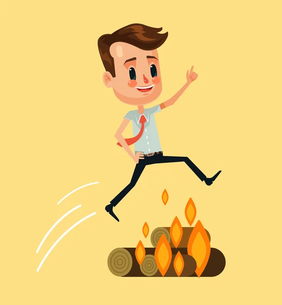 Un hombre de negocios saltando sobre una hoguera. Vector plano ilustración de dibujos animados — Vector de stock