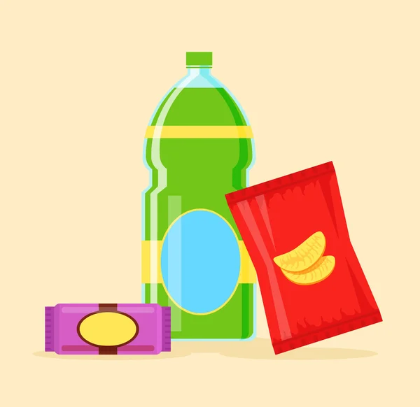 Potato chips soda and chocolate. Vector flat cartoon icon illustration — Stock Vector
