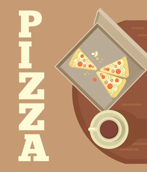 Caja de pizza y una taza de café. Vista superior. Vector plano ilustración de dibujos animados — Vector de stock