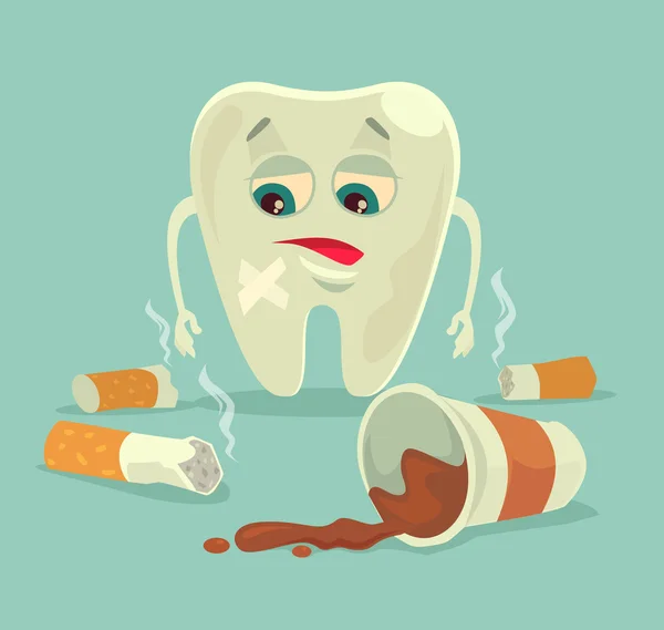 Slechte gewoonten. Ongezonde tand karakter met koffie en sigaretten. Vectorillustratie platte cartoon — Stockvector