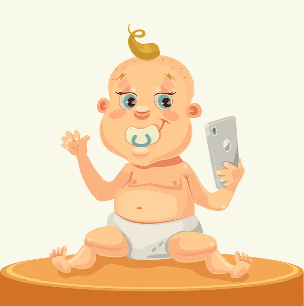 Kleine Kinderfigur mit Smartphone. Vektor flache Cartoon-Illustration — Stockvektor