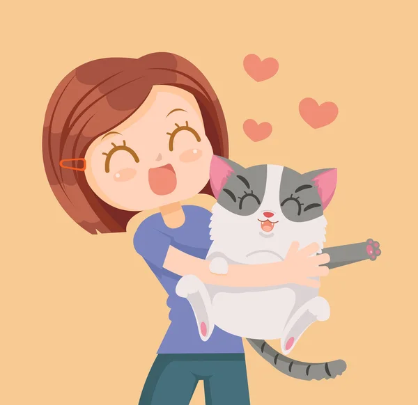 Chica y gato personajes abrazo. Mejores amigos. Vector plano ilustración de dibujos animados — Vector de stock