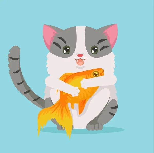 Fat cat character hold gold fish. Vector flat cartoon illustration — Stock Vector