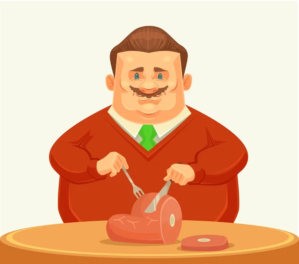 Personagem gordo feliz comendo prato grande. Ilustração de desenho animado plano vetorial —  Vetores de Stock