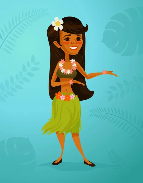 Danseuse hawaïenne personnage de fille. Illustration vectorielle de dessin animé plat — Image vectorielle