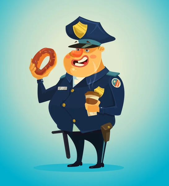 Αστυνομικός χαρακτήρας τρώει ντόνατς και καφέ. Επίπεδη καρτούν εικονογράφηση φορέα — Διανυσματικό Αρχείο