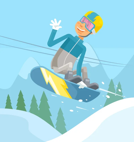 Snowboarder χαρακτήρα άλματα. Επίπεδη καρτούν εικονογράφηση φορέα — Διανυσματικό Αρχείο