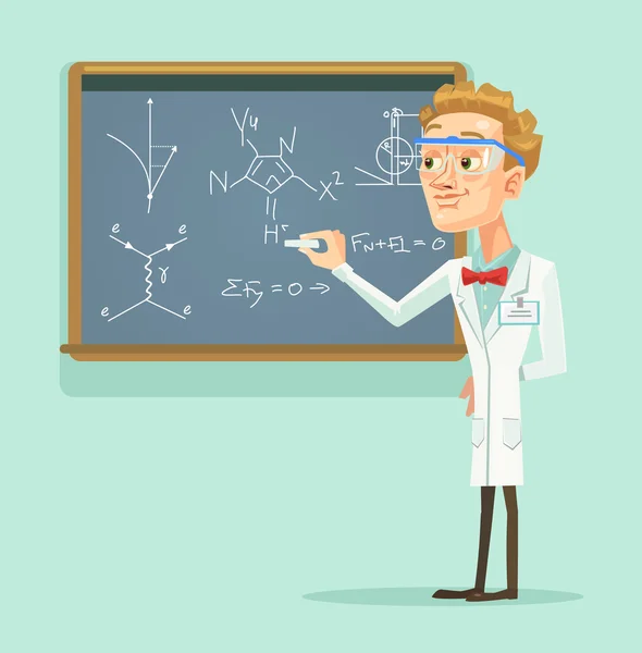 Young professor scientist character with chalkboard in classroom. Vector flat cartoon illustration — Stock Vector