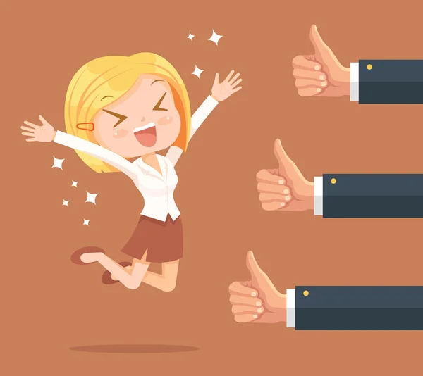 Happy business woman character and many hands with thumbs up. Векторная плоская иллюстрация — стоковый вектор