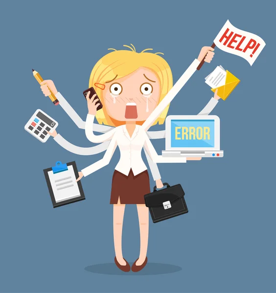 Busy businesswomen character. Multitasking hard work. Vector flat cartoon illustration — Stock Vector
