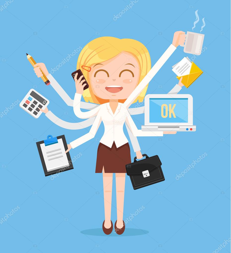 Feliz personaje de mujer de oficina. Multitarea trabajo duro. Vector ...