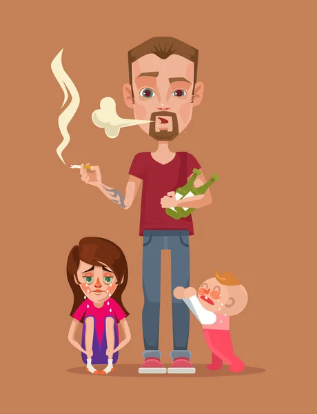 Padre fumador mal borracho con personajes de niños. Ilustración plana del vector — Archivo Imágenes Vectoriales