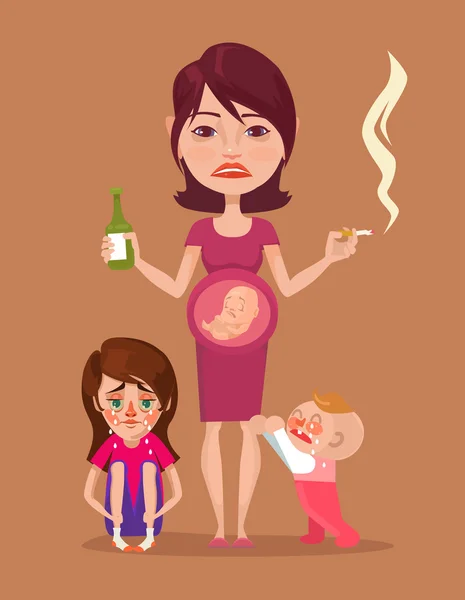 Hamil buruk ibu merokok dengan karakter anak-anak. Ilustrasi rata vektor - Stok Vektor