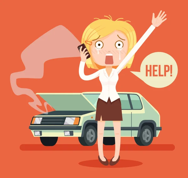 Personaje mujer llorando llamando después de accidente de coche. Vector plano ilustración de dibujos animados — Archivo Imágenes Vectoriales