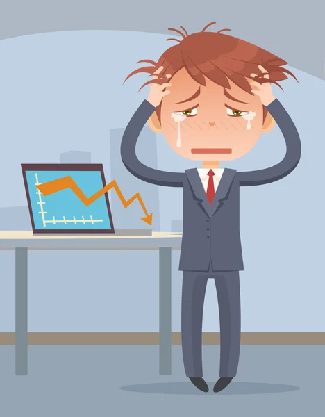 Business fail. Graph down. Crying business man character. Vector flat cartoon illustration