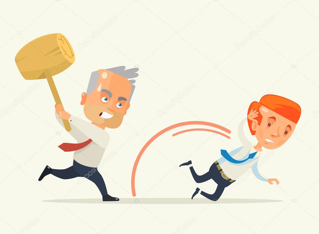 Angry boss hold hammer chase worker. Vector flat cartoon illustration