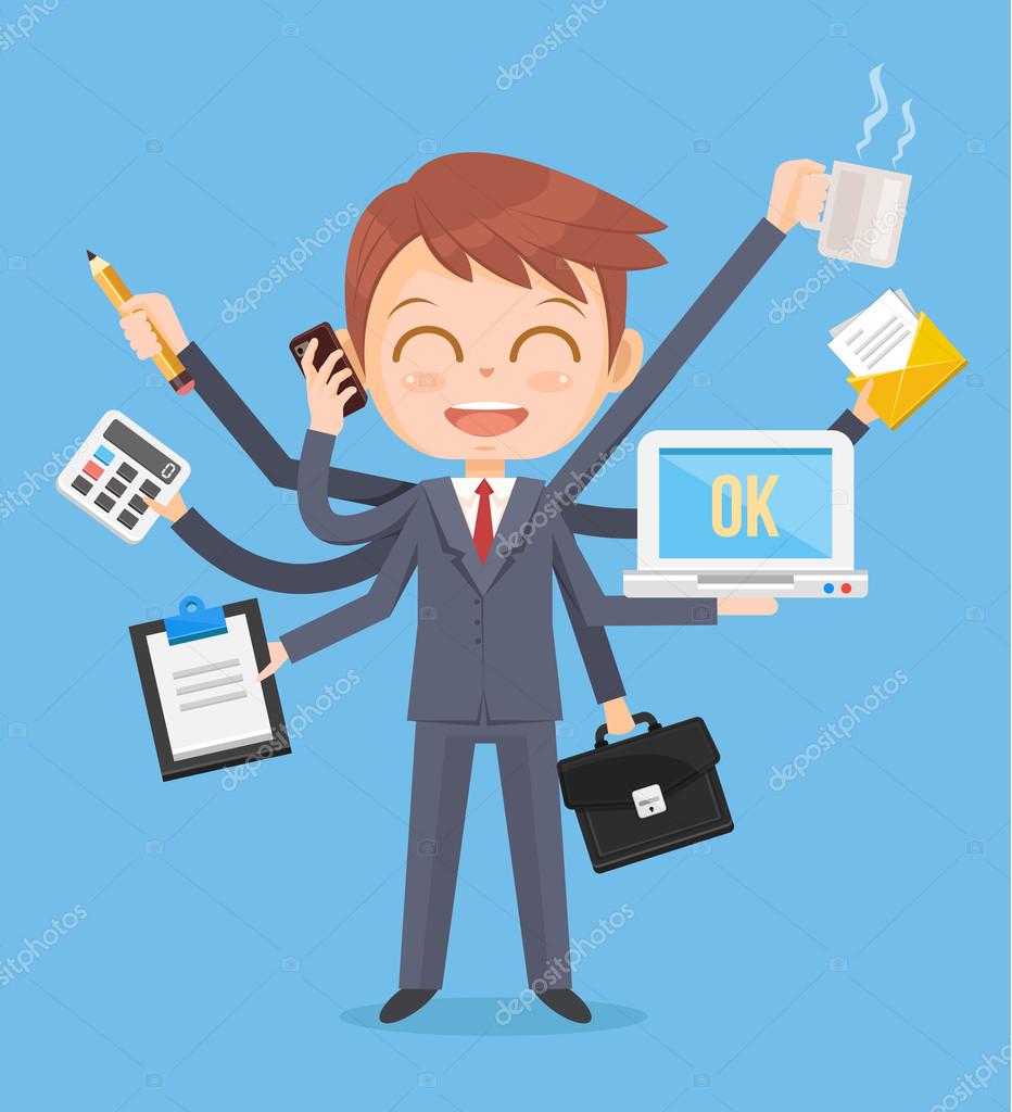Feliz personaje de hombre de oficina. Multitarea trabajo ...