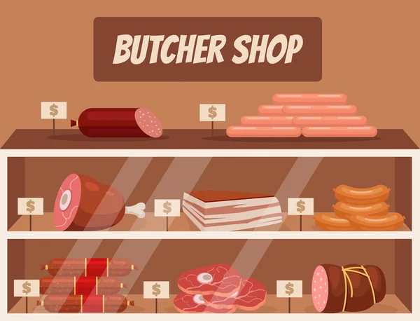 Mercato della carne. Macelleria. illustrazione del fumetto piatto vettoriale — Vettoriale Stock