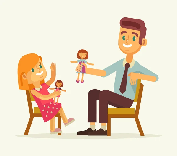 Pai e filha brincam às bonecas. Ilustração de desenho animado plano vetorial — Vetor de Stock