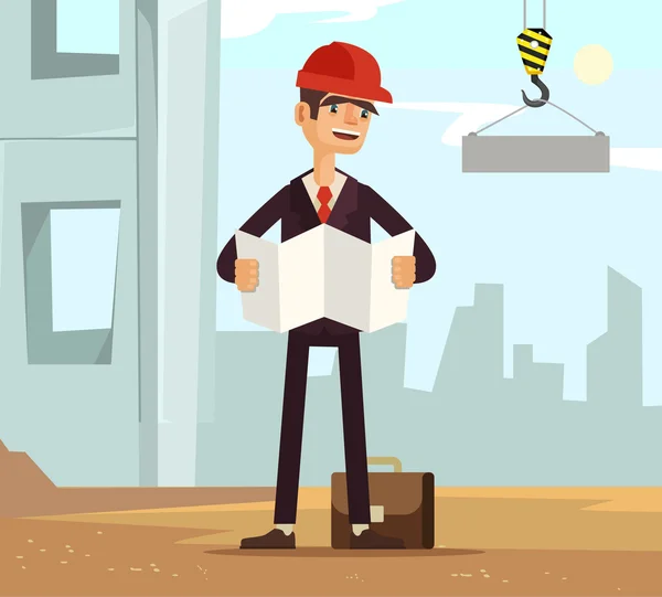 Constructor capataz trabajador personaje en la construcción leer plano. Vector plano ilustración de dibujos animados — Archivo Imágenes Vectoriales