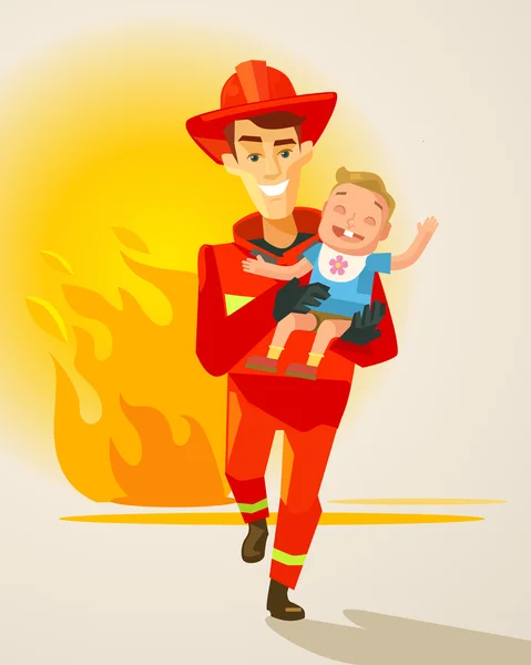 Brandweerman karakter dragen kind. Vectorillustratie platte cartoon — Stockvector