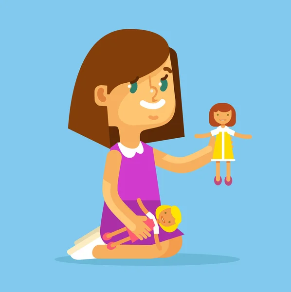 子供女の子は人形で遊ぶ。ベクトル フラット漫画イラスト — ストックベクタ