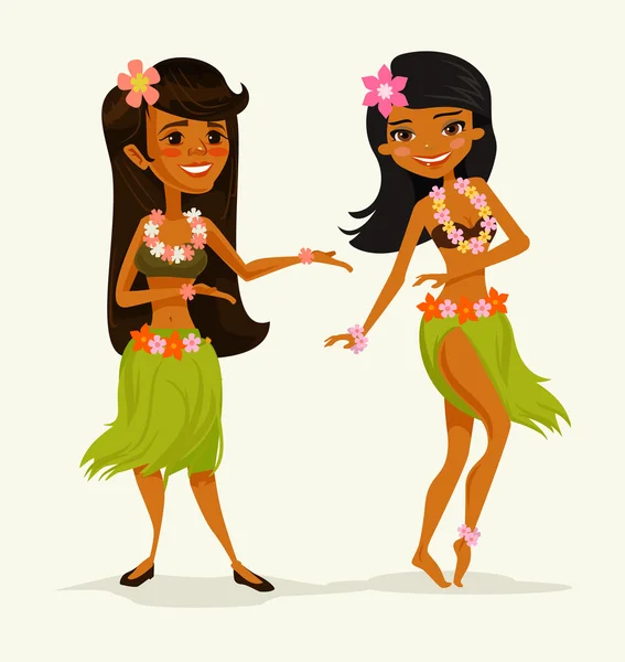 Hawaiian dancer girls friends characters. Vector flat cartoon illustration — Stock Vector
