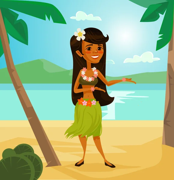 Hawaiianische Tänzerin Mädchen Charakter. Vektor flache Cartoon-Illustration — Stockvektor