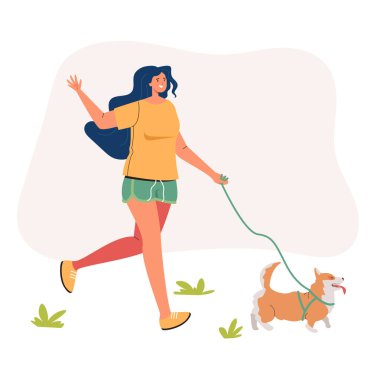 Köpek konseptiyle gezen kadın karakter. Vektör düz grafik tasarım çizimi