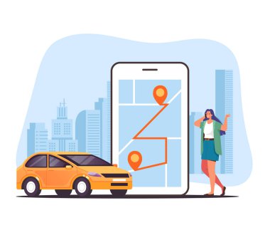 Taksi arabası mobil uygulaması kira araba paylaşımı kavramı izole edilmiş. Vektör düz grafik tasarım çizimi